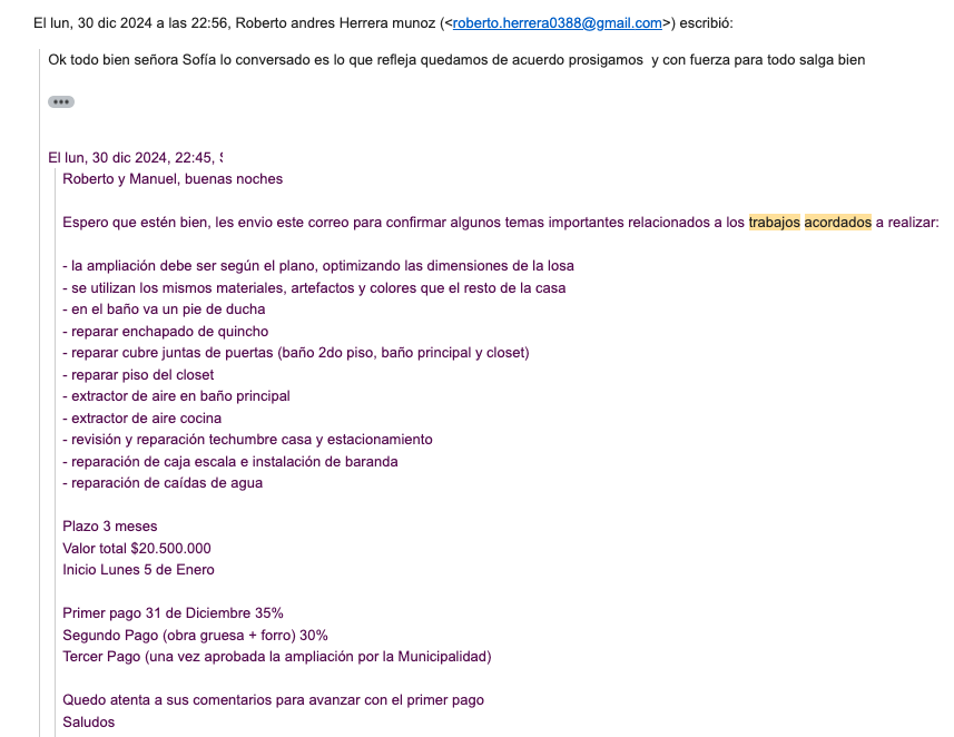 Correo de acuerdo inicial con RHM Construcciones